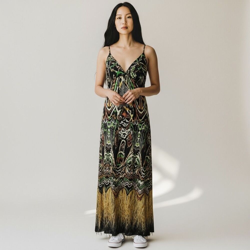 Vertigo Black Green Orange Tribal Tie Dye Stretchy V Neck Maxi Dress size M